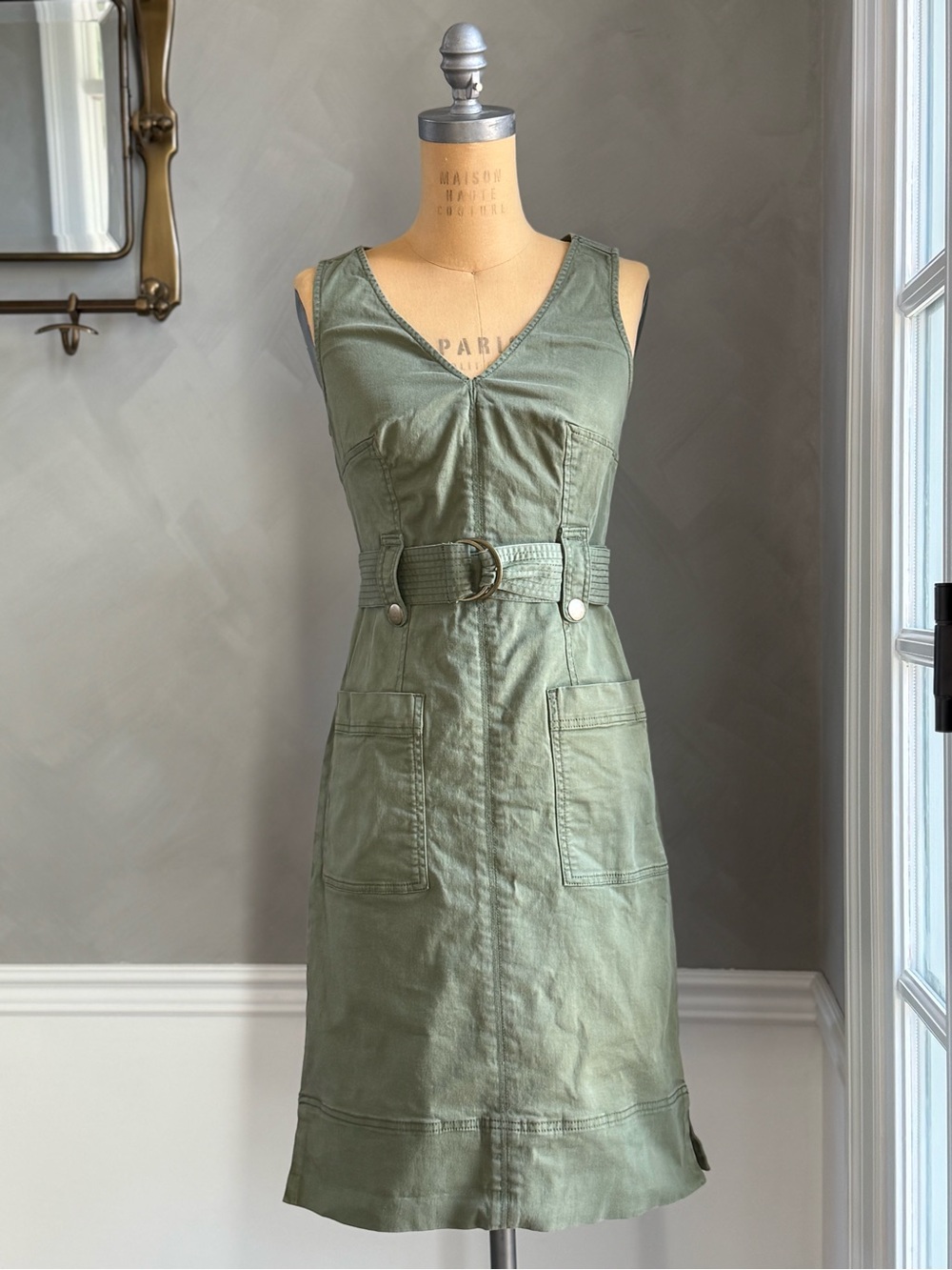 Anthropologie Maeve Olive Green Sleeveless Belted Midi Dress